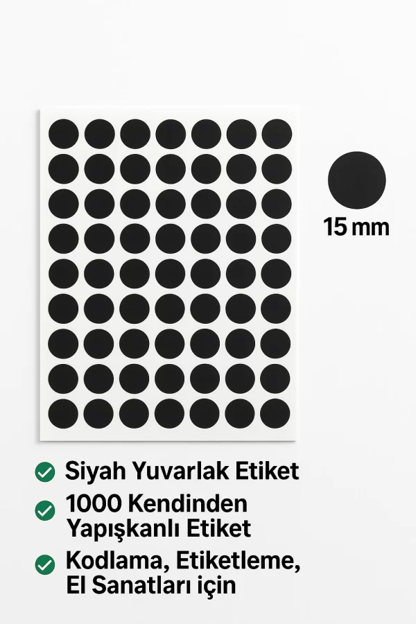 15mm siyah yuvarlak etiket